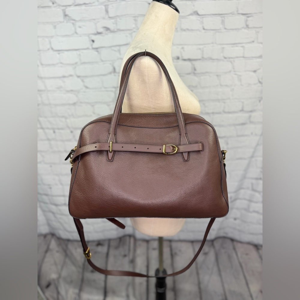 Brown Leather Tote Satchel Bag with Gold Accents - Picture 2 of 6